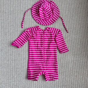 Hanna Andersson Girls' Hot Pink & White Striped Rash Guard One-Piece + Sun Hat